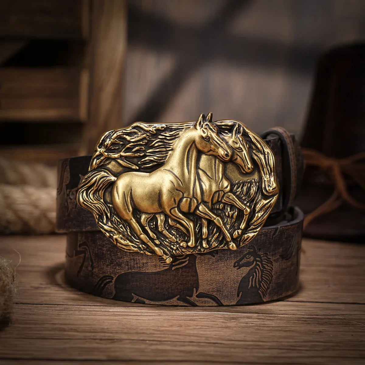 Cinto de Couro Com Dois Cavalos